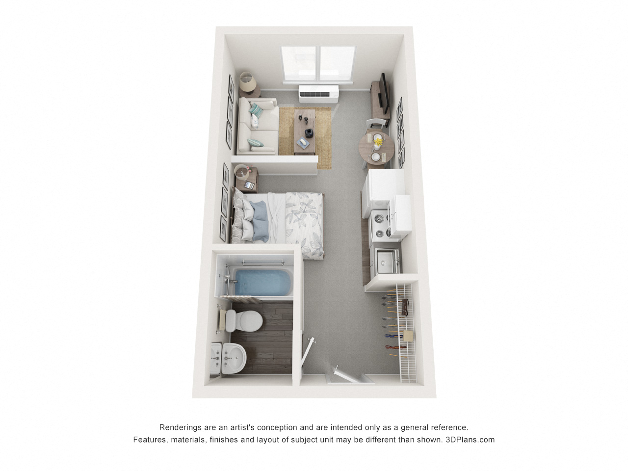 Floor plan for studio, 1 bath, 301 sqft